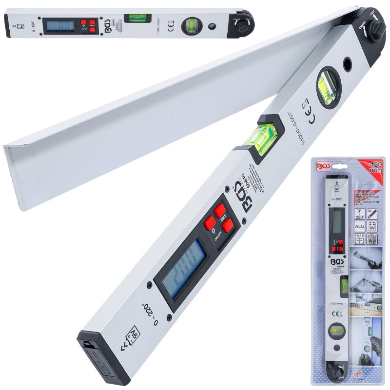 Transportador digital con nivel de burbuja Nivel de burbuja LCD de 450 mm, BGS-Alemania