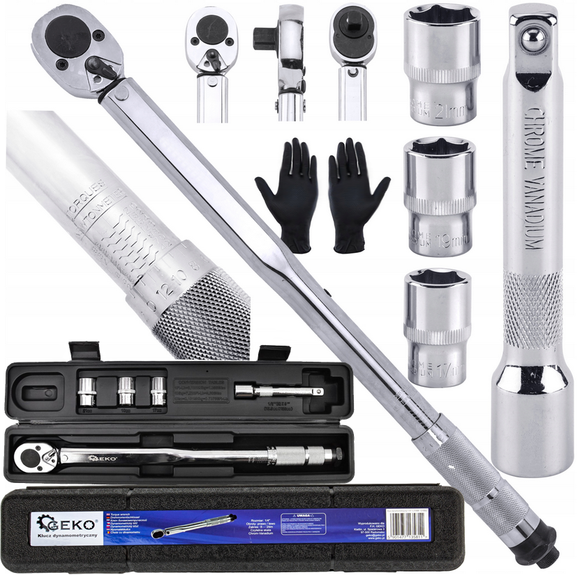 LLAVE dinamométrica 28-210Nm 1/2′ + vasos y alargador