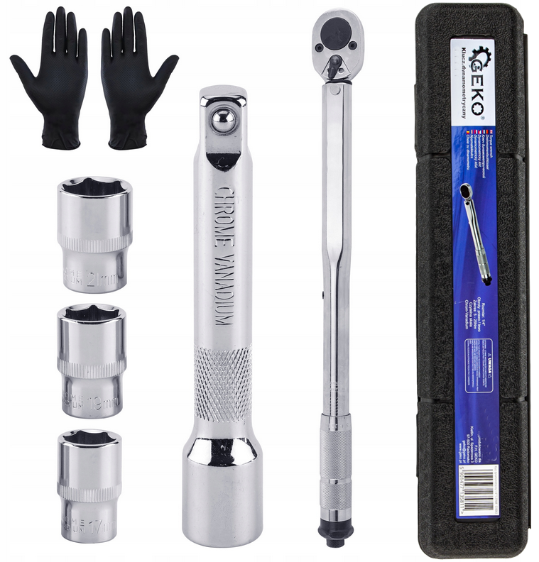 LLAVE dinamométrica 28-210Nm 1/2′ + vasos y alargador