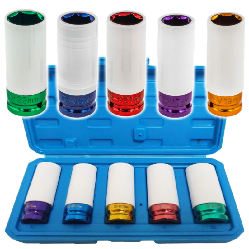 Vasos de impacto para llantas de aluminio 15-17-19-21-22mm 1/2' Juego de vasos