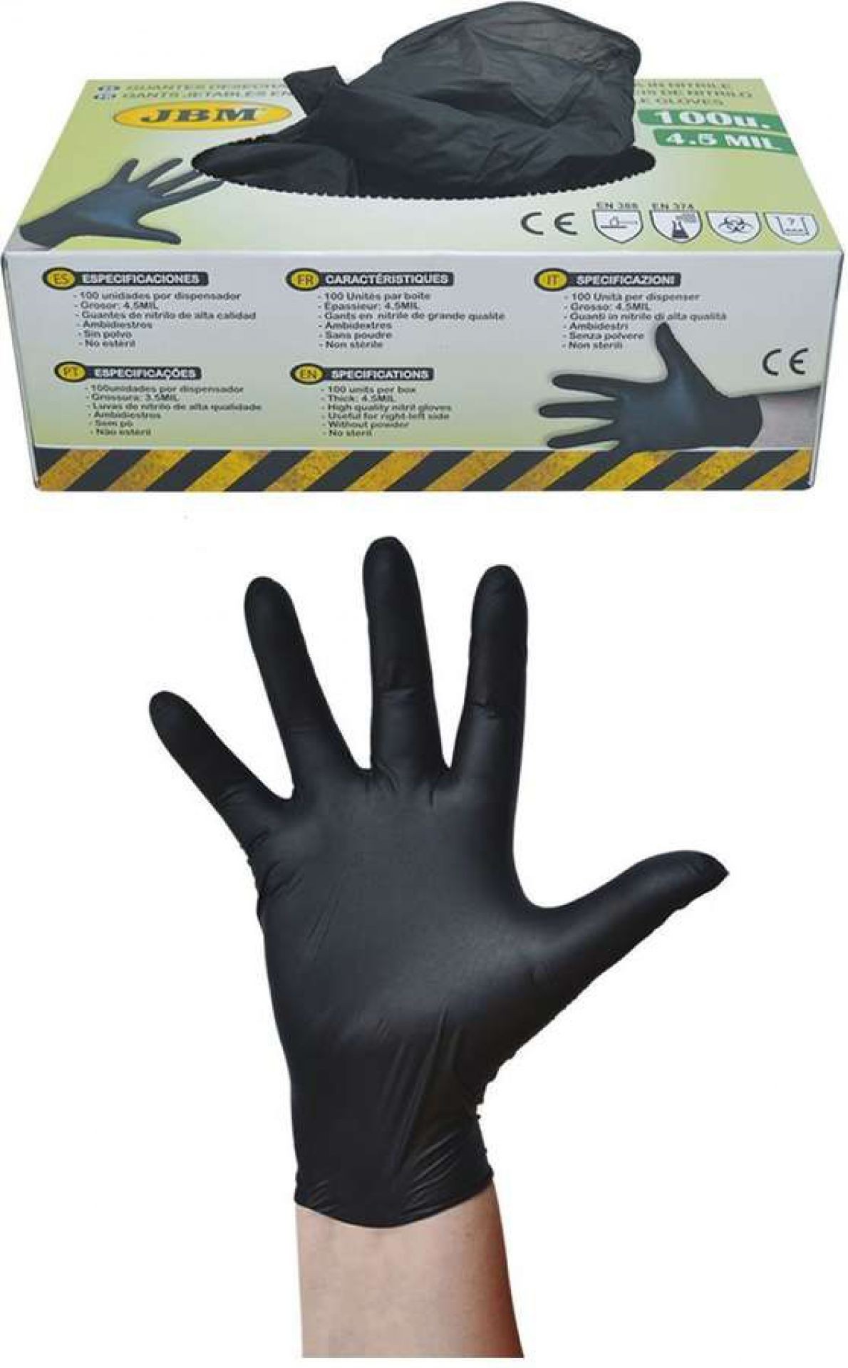 GUANTES PROTECTOROS DE NITRILO, NEGROS, XL, FUERTES, 100 UDS. APROBACIÓN CE