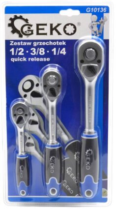 JUEGO DE TRINQUETE 3 PCS 1/4 3/8 1/2 GEKO CR-V CIERRE RÁPIDO