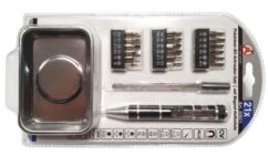 Destornillador + puntas mini TORX, IMBUS, cruz, plano 21 piezas, + vaso magnético