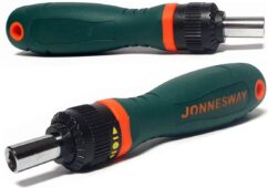 Portapuntas de destornillador con pomo con carraca derecha-izquierda, Jonnesway