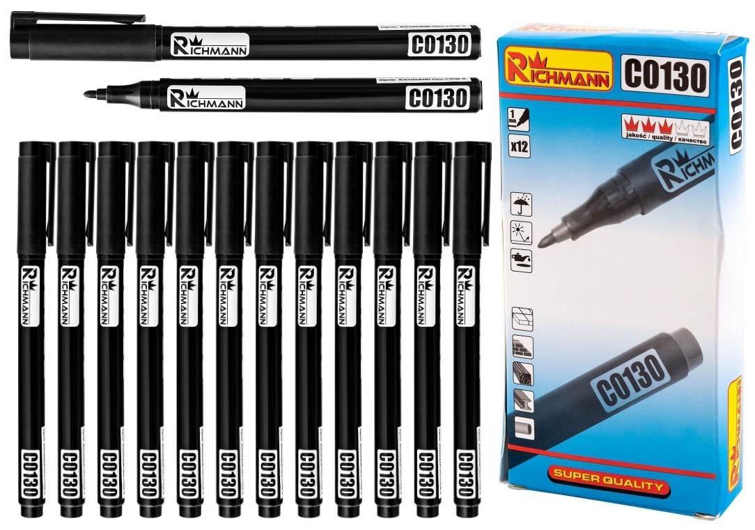 Marcador de construcción permanente negro, resistente al agua, 1 mm, 12 uds. Richman