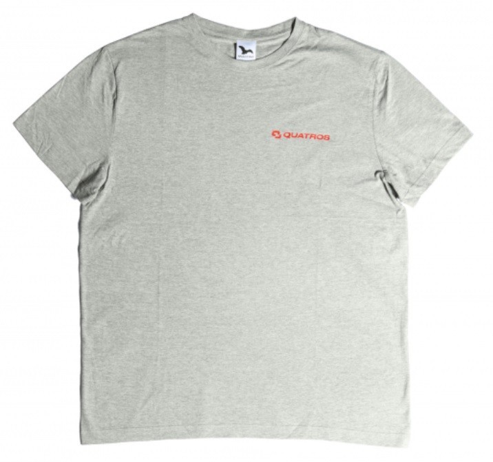 Camiseta gris con el logo de QUATROS, talla M