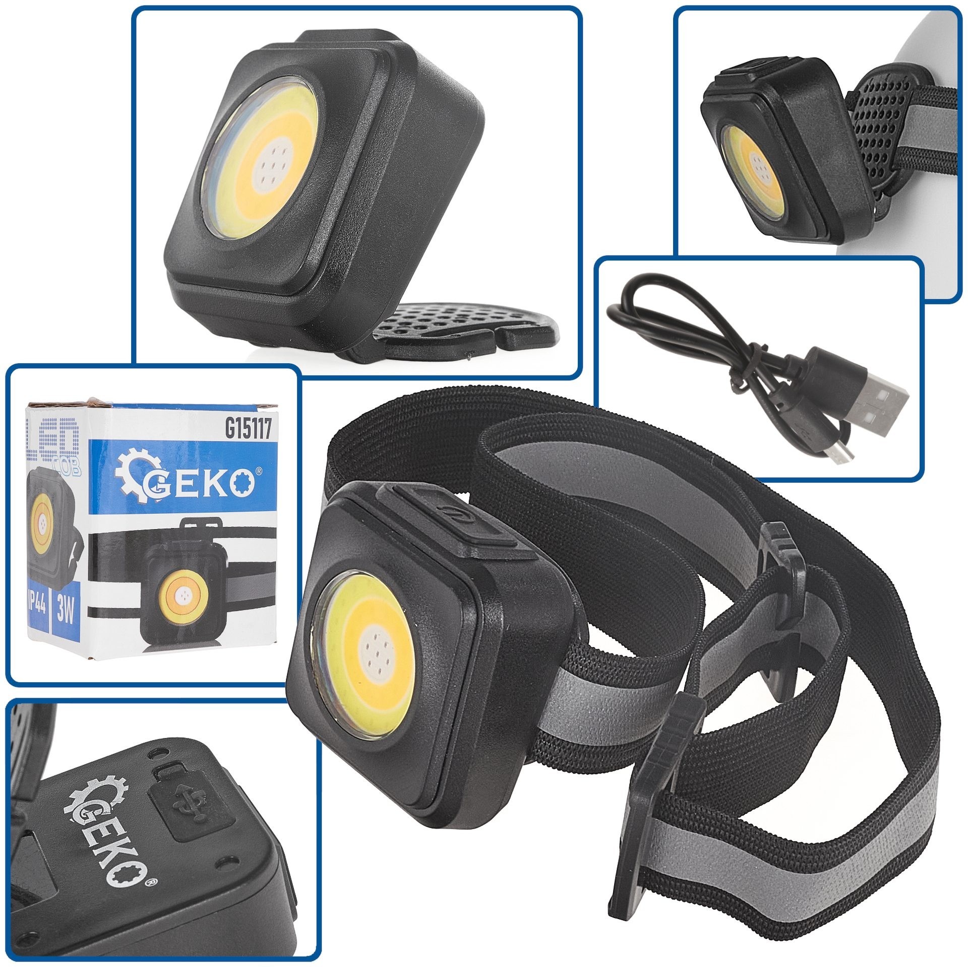 Linterna frontal antigolpes con reflector LED COB 3W 500mAh 500lm IP44