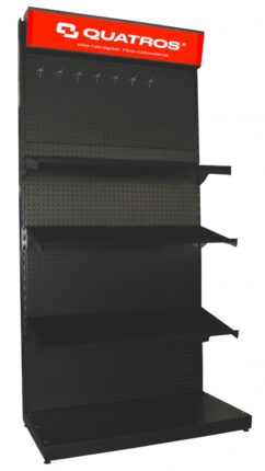 Estante expositor de metal, perforado e iluminado.