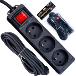 Alargador eléctrico, 3 enchufes, 5 m, regleta negra