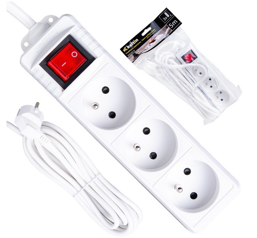 Alargador eléctrico, 3 enchufes, 5 m, regleta blanca